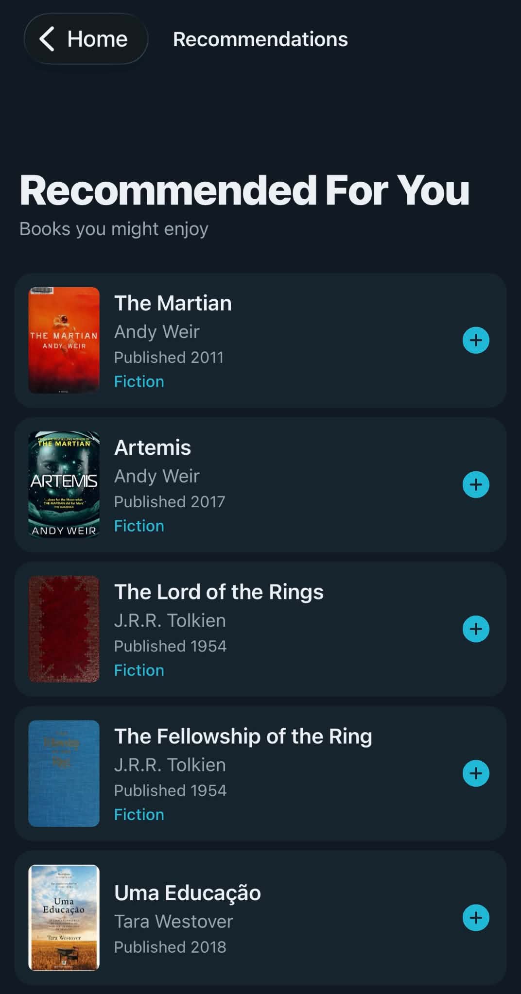 Mybrary recommendations screen